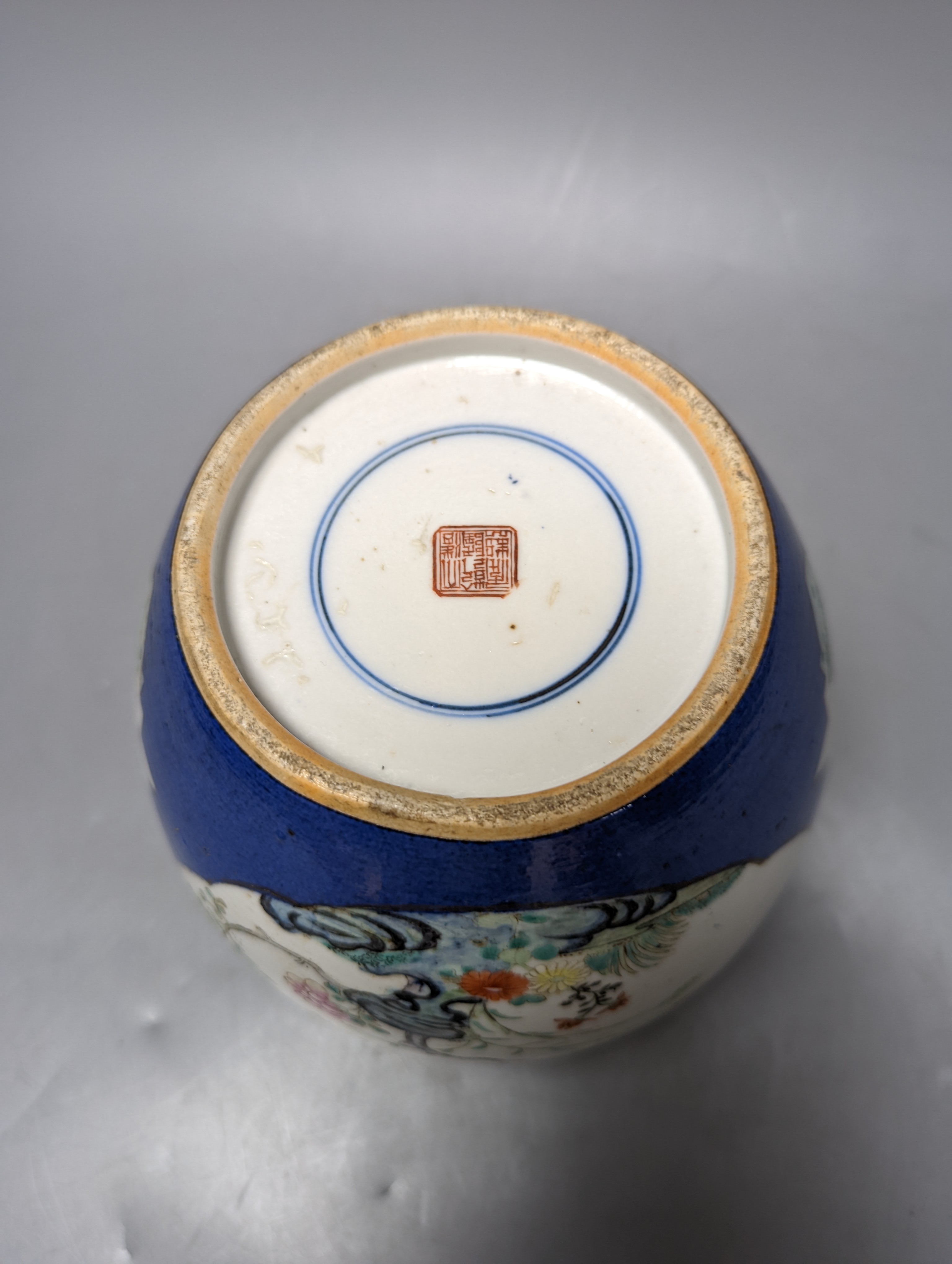 A Chinese blue ground jar and cover, 19th century, Qianlong mark to base, 20cm high